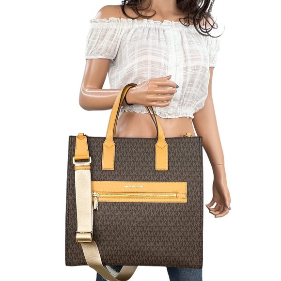 Michael Kors Handbags - Michael Kors Kenly Large North South Tote Shoulder Bag MK Brown Yellow